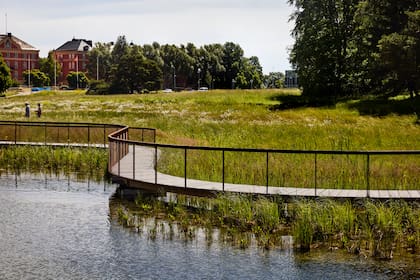 Se generaron amplios espacios y senderos que invitan a los visitantes a moverse junto al agua y a sentarse en alguno de los bancos orientados al sur con vistas al campo.