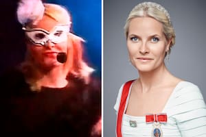 Las dos caras de Mette-Marit: con antifaz, en "La casa del placer" y un retrato oficial, ya como Su Alteza Real, princesa de Noruega.
