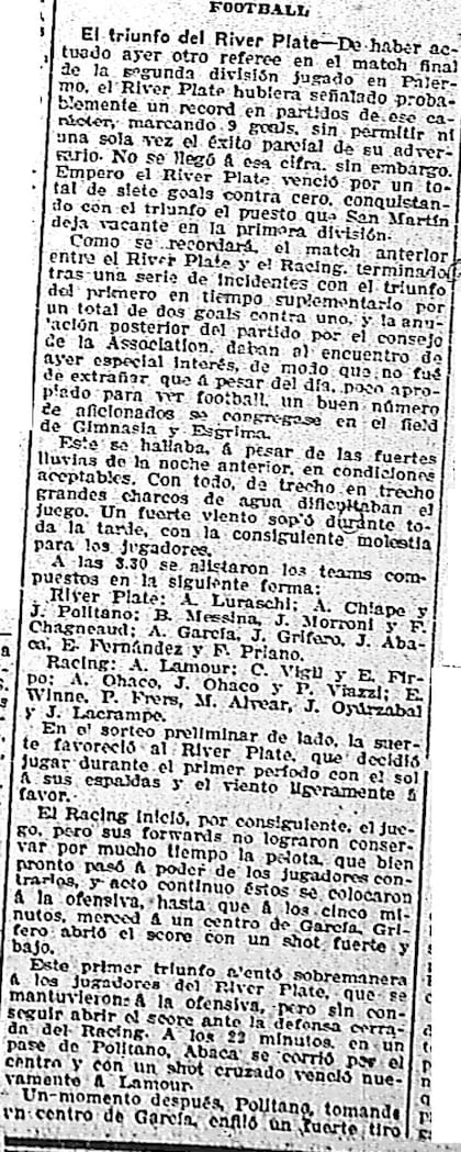 Las dos finales entre River y Racing hace más de 100 años: un 7-0 en el ascenso y un título “imposible” de la Academia