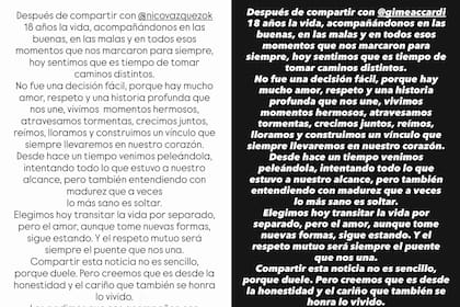 Las dos historias con las que los actores anunciaron su ruptura amorosa (Foto: Instagram @gimeaccardi y @nicovazquezok)