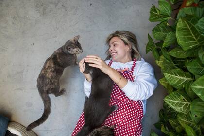 Las dueñas ofrecen usar un delantal para tirarse al suelo y aprovechar para que los gatos se trepen buscando su alimento