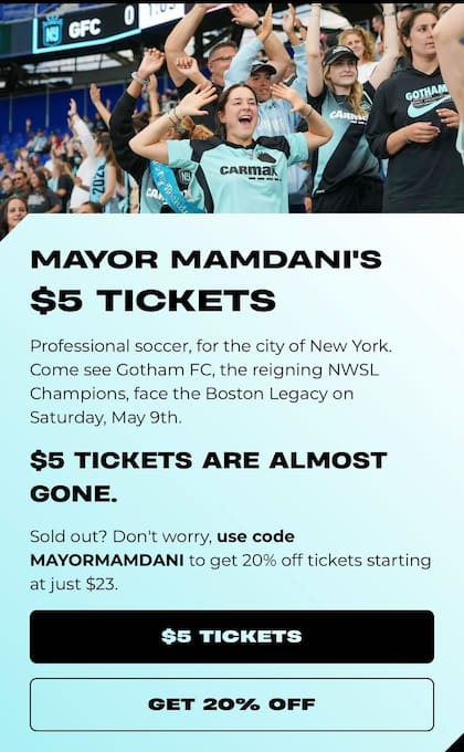 Las entradas para el partido del Gotham FC frente a Boston Legacy se podrán adquirir por US$5 tras el anuncio de Mamdani