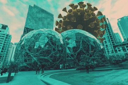 Las esferas emblemáticas de la sede de Amazon en Seatte; la empresa fundada por Jeff Bezos es una de las que crecen en la pandemia