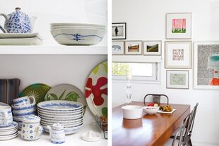 Las estanterías de pino pintado de blanco se hicieron a medida, y dejan a la vista la vajilla blanca y azul traída de un viaje a Vietnam. Der., cuadro de Milo Lockett, collage de la artista francesa Emmanuelle Hardouin, serigrafías y fotografías de artistas norteamericanos y de la dueña de casa.