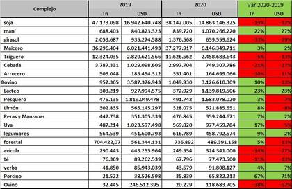 Las exportaciones de 20 complejos en 2020 en volumen y valor
