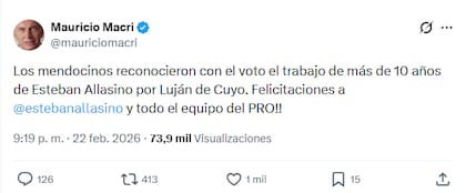 Las felicitaciones de Mauricio Macri a Esteban Allasino por su victoria en las elecciones locales en Luján de Cuyo, Mendoza