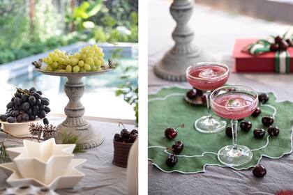 Las formas de las fuentes y los colores de las frutas aportan calidez y frescura a un rincón de la mesa.
Podemos sumar a los tragos hielos en forma de esfera con flores por dentro. No pueden faltar las cerezas, fruta estrella de las Fiestas en estas latitudes.