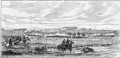 Las fuerzas Nacionales avanzando hacia los Corrales Viejos (al fondo sobre la colina) y siendo repelidos por la artillería Provincial. 21 de junio de 1880.