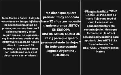 Las historias de Fran Mariano contra Martín Salwe (Foto: Instagram @franmarianook)