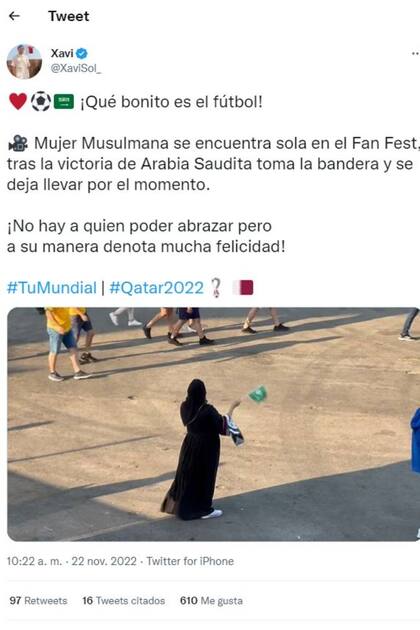 Las imágenes de la mujer de Arabia Saudita que celebraba la victoria de su país sobre la Argentina fue subida por el actor y narrador mexicano Xavier Sol