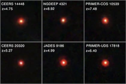 Las imágenes del instrumento NIRCam muestran puntos diminutos con un núcleo brillante rodeado por un halo rojizo