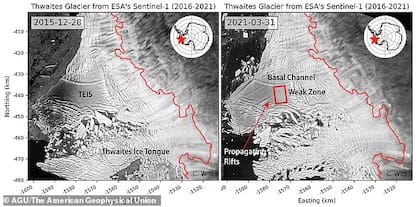 Las imágenes satelitales de la grieta descubierta en el "glaciar del Juicio Final"