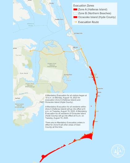 Las inundaciones podrían afectar tramos vulnerables de la Carretera 12 de Carolina del Norte en la Isla Hatteras en la tarde de este 20 de agosto