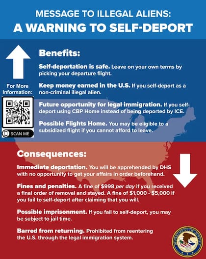 Las invitaciones oficiales para autodeportarse no tienen dibujos más allá de una marca de agua y un logo auténtico. Foto: DOJ vía Mother Jones Magazine