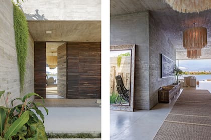 Las lámparas colgantes de rafia (showroom de Shilton-Stefani Arquitectos). Foto de Gonzalo Lauda impresa sobre canvas y banco de lapacho antiguo de 4,6 m hecho a pedido (Pablo Ledesma).