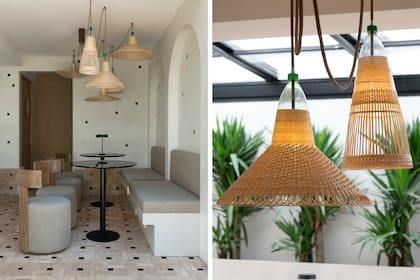 Las lámparas son el eje del interiorismo de Artesia. En la foto, vemos una serie de piezas tejidas por artesanos chilenos con botellas recicladas (PET Lamp).