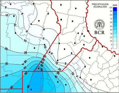 Las lluvias acumuladas en la región núcleo, desde el viernes a las 8 am hasta hoy a las 8 am