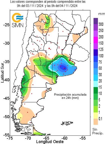 Las lluvias de las últimas 24 horas, hasta las 9 AM