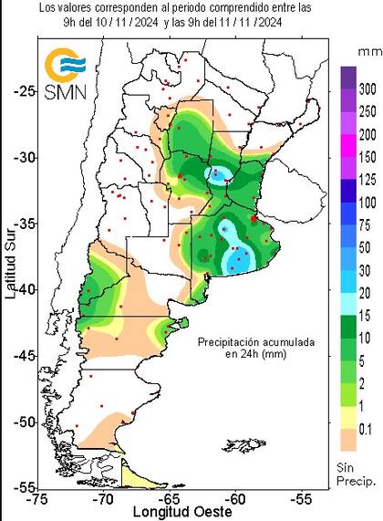 Las lluvias de las últimas 24 horas hasta las 9 de hoy