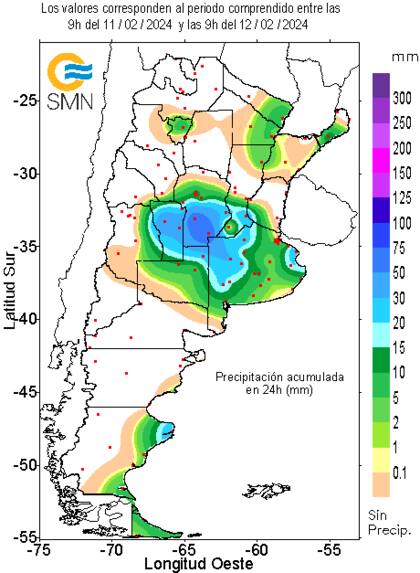 Las lluvias hasta las 9 de ayer (últimas 24 horas) en la región pampeana