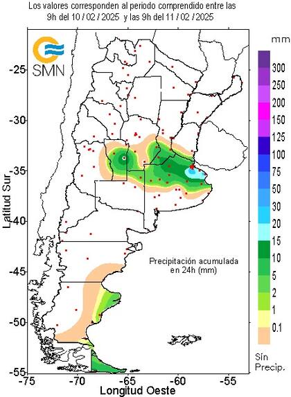 Las lluvias registradas hasta las 9 del 11 de febrero