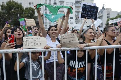 Las manifestantes con pancartas frente al Congreso