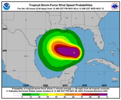 Las marejadas provocadas por Rafael, que amenazan la vida, se espera que lleguen a la costa del Golfo en los próximos días, según el Centro Nacional de Huracanes.