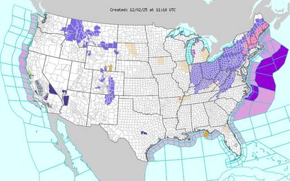 Las máximas previstas para el martes se ubicarán en los 20°F (−6,6°C) y 30°F (−1,1°C) en el Medio Oeste y Nueva Inglaterra, y oscilarán entre 30°F (−1,1°C) y 40°F (4,4°C) en el Atlántico medio