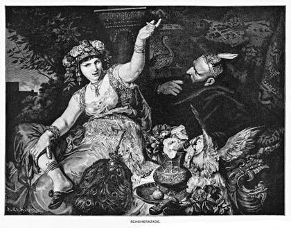 "Las mil y una noches" es una colección en árabe de cuentos tradicionales de Oriente Próximo. En la obra, Scheherazade, un personaje clave, le cuenta a su esposo, el sultán Shahriar, una historia fantástica cada noche. (Grabado de 1892)