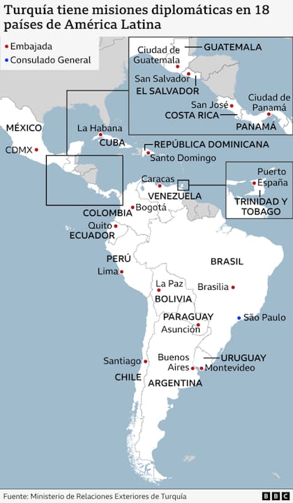 Las misiones diplomáticas de Turquía.