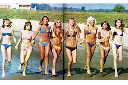 Las modelos Estela Flores, Patricia Paso Viola, Adriana Costantini, Graciela Alfano, Adriana Aguirre, Kitty Lahussen, Gachi Ferrari y Silvia Asselborn, en una producción de fotos de 1974 realizada para una revista