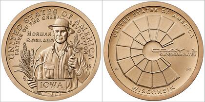 Las monedas muestran al Dr. Norman Borlaug y la supercomputadora Cray-1