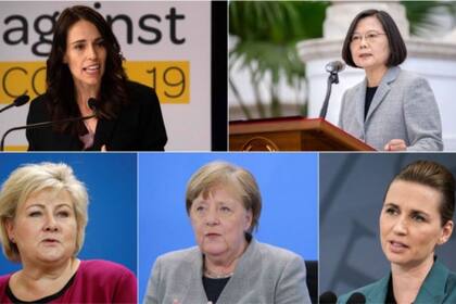 Las mujeres gobernantes elogiadas al comienzo de la pandemia incluyen a: (de arriba a la izq. siguiendo la manecillas del reloj) Jacinda Ardern (Nueva Zelanda), Tsai Ing-wen (Taiwán), Erna Solberg (Noruega), Angela Merkel (Alemania) y Mette Frederiksen (Dinamarca)