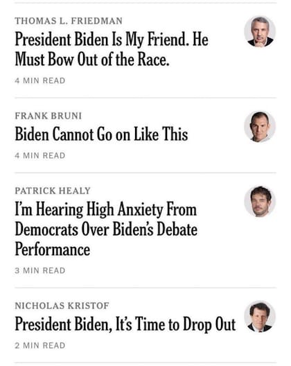 Las notas de opinión del New York Times que coinciden en que Biden "se tiene que ir".
