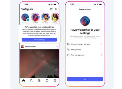 Las notificaciones que le aparecen al ususario cuando opera bajo las restricciones del Teen Account. Crédito: Meta.