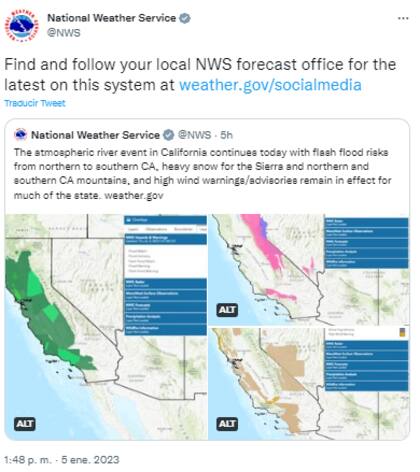 Las novedades de la bomba ciclónica que azota California se pueden seguir a través de la cuenta de Twitter del Servicio Meteorológico Nacional