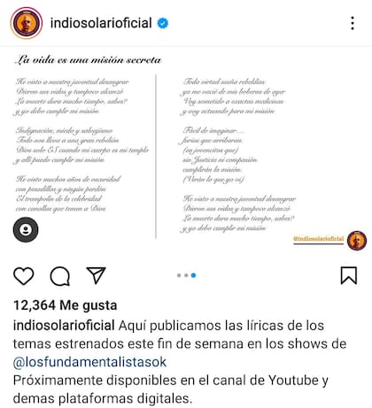 Las nuevas canciones del Indio Solari fueron compartidas en su cuenta de Instagram