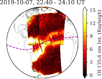 Las observaciones de la misión GOLD de la NASA muestran partículas cargadas en la ionosfera formando una X (NASA)