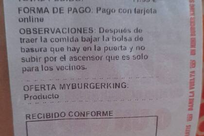Las "observaciones" del cliente del delivery fueron duramente cuestionadas por la mayoría de los usuarios de tuiter que las leyeron