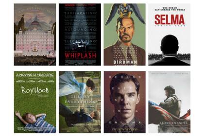 Las ocho nominadas: El gran Hotel Budapest, Whiplash, Birdman, Selma, Boyhood, La teoría del todo, El código enigma y Francotirador