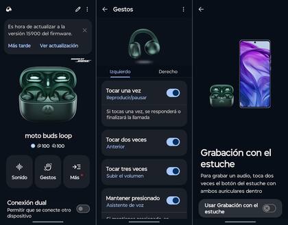 Las opciones de configuración de los Moto Buds Loop, incluyendo la opción de usarlos como grabador