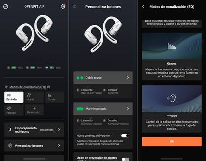 Las opciones de configuración de los Shokz OpenFit Air, incluyendo la ecualización que trata de evitar que se filtre la música