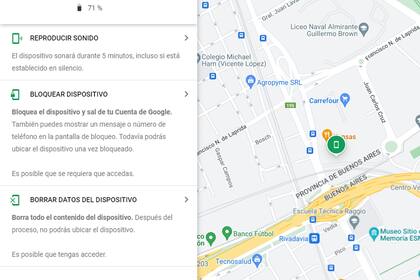 Las opciones para ubicar un dispositivo que ofrece Google