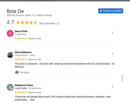 Las opiniones del Boia De, un restaurante en Miami