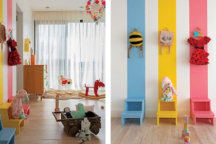 Los cajones de la cómoda hecha a medida tienen los mismos colores que las franjas de la pared.