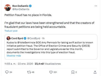 "Las peticiones fraudulentas no tienen cabida en Florida", expresó el gobernador Ron DeSantis a través de sus redes sociales