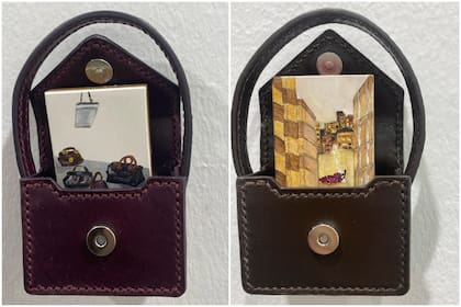 Las pinturas en miniatura de la napolitana Giorgia Garzilli se exhiben dentro de carteritas de cuero