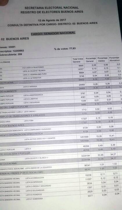 Las planillas de los resultados definitivos de las PASO 2017