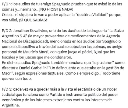 Las posdatas del posteo de Cristina Kirchner en X (Fuente: @CFKArgentina)