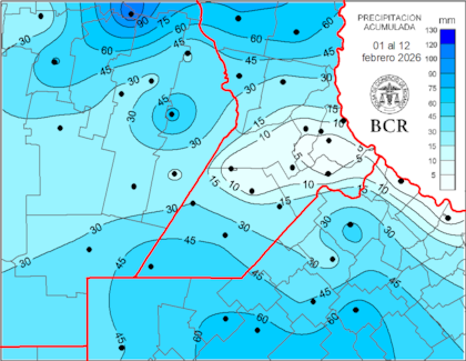 Las precipitaciones en la región núcleo entre el 1 y 12 de febrero